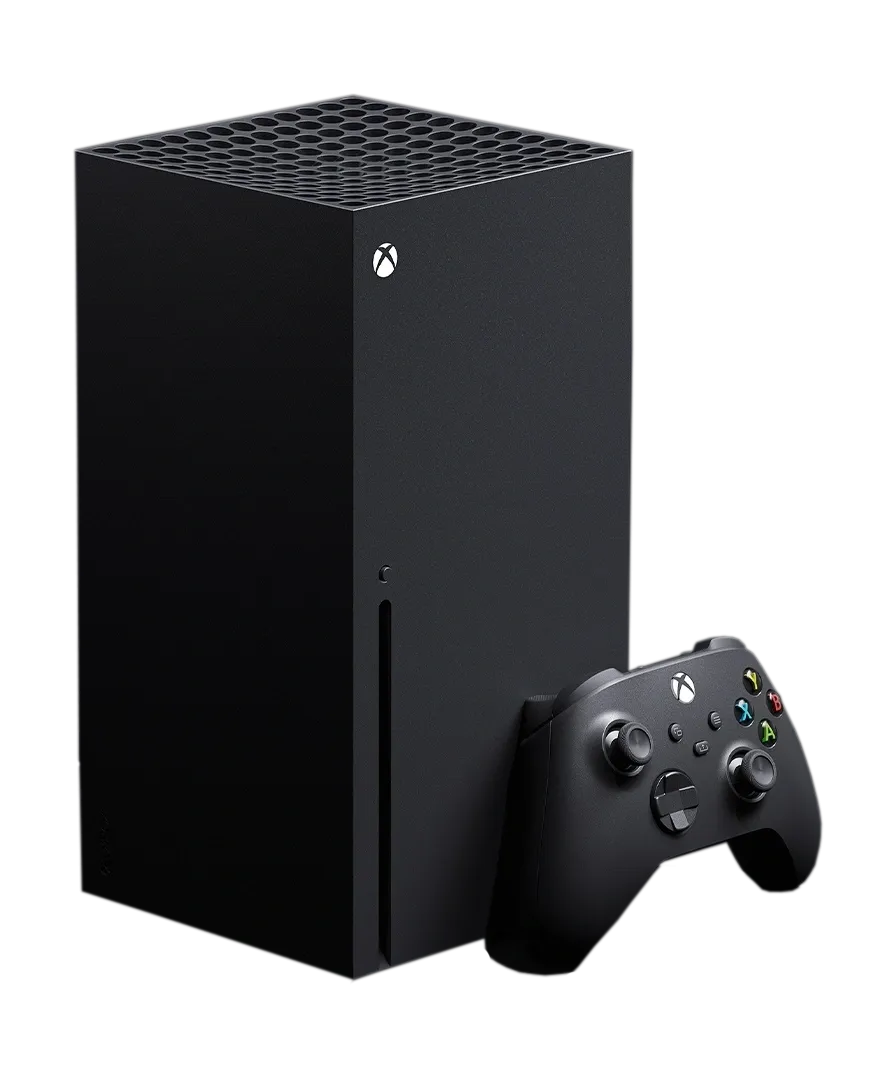 A black xbox series x next to the controller.